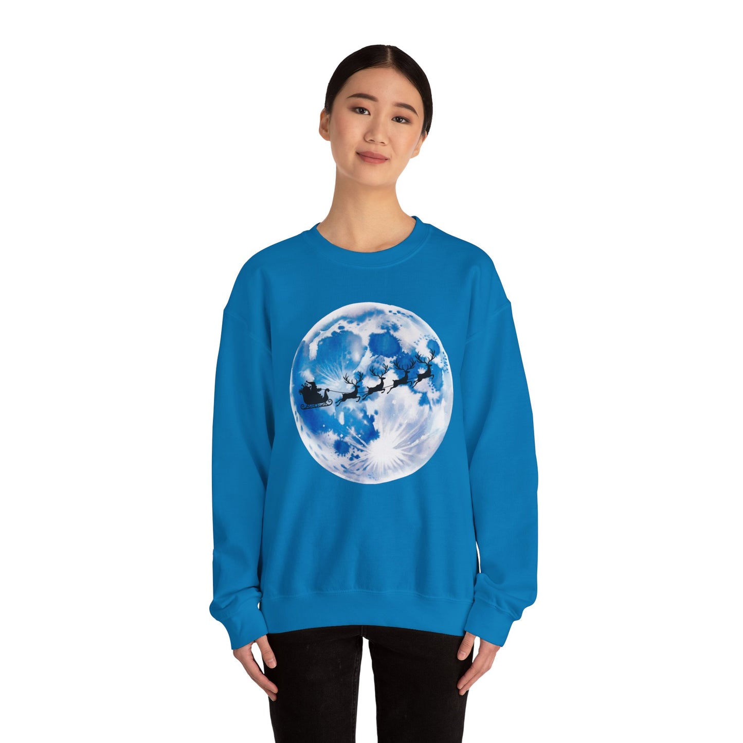 Santa And Reindeer Full Moon Christmas Sweatshirt, Holiday Night Sky Sweater, Cozy Unisex Crewneck, Festive Gift For Christmas Lovers