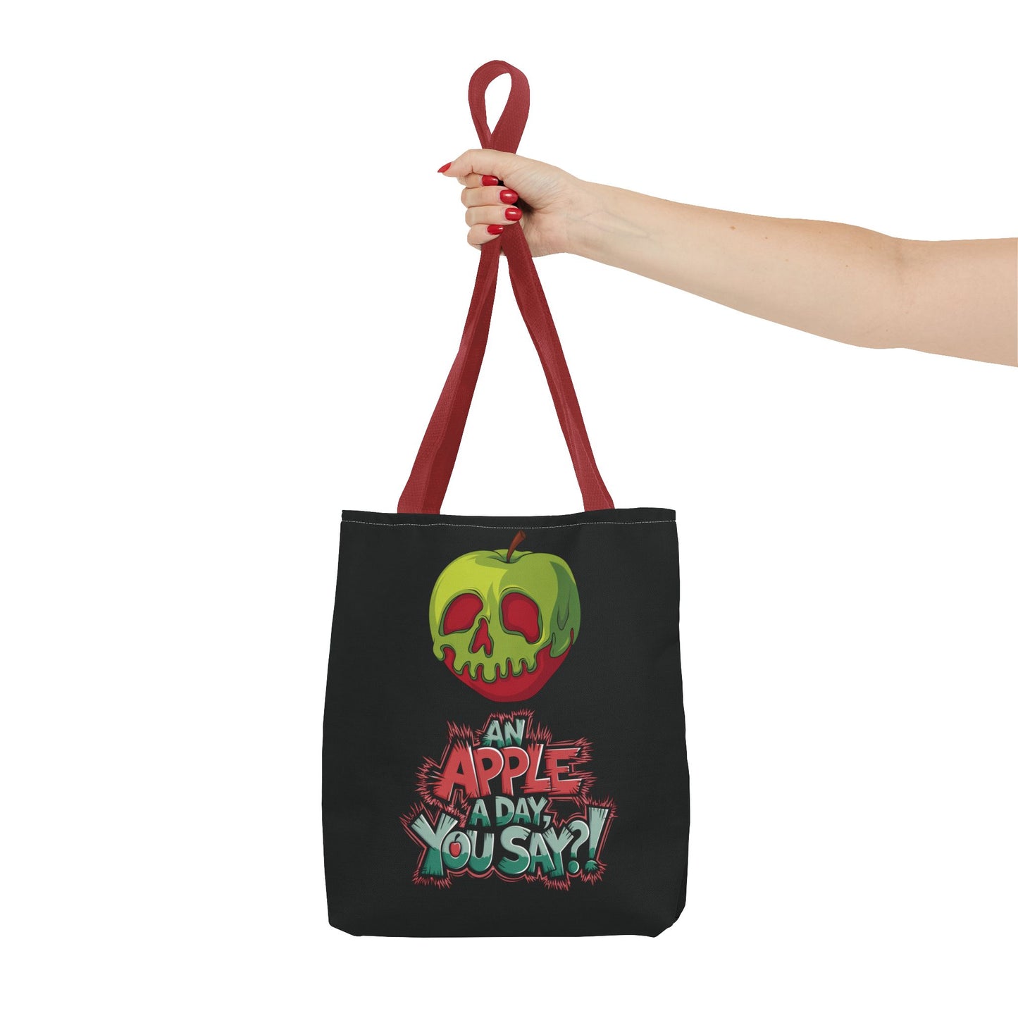 Spooky Halloween Tote Bag – Poison Apple Design – Funny Gothic Tote – Trick or Treat Bag – Creepy Apple Pun Gift – Black Tote Bag