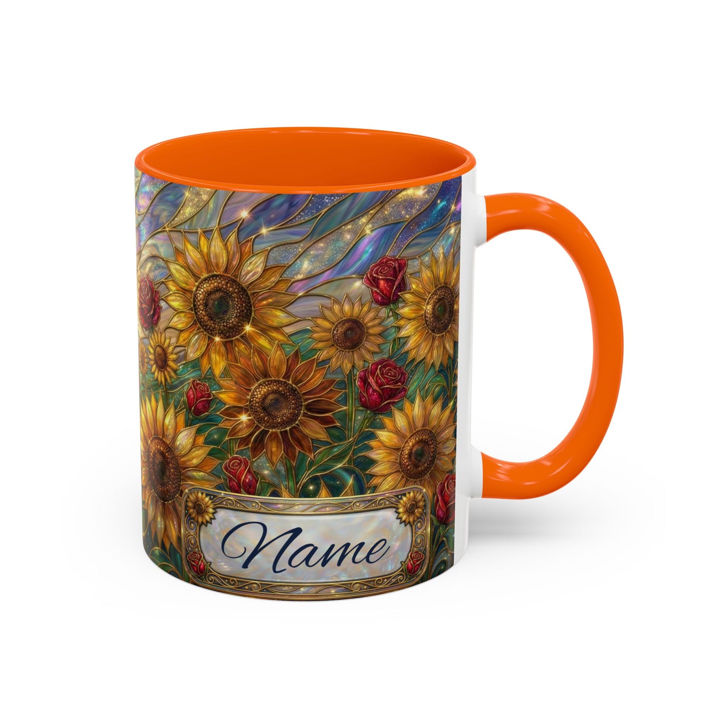 Personalized Stained Glass Sunflower Mug, Custom Red Rose Floral Coffee Cup, Celestial Night Sky Botanical Teacup, Gift For Flower Lover