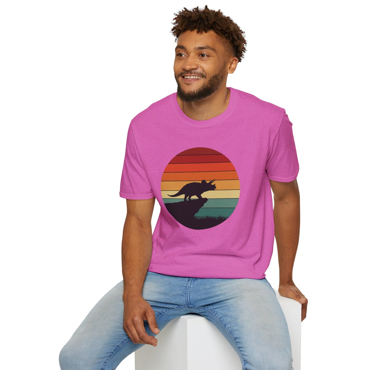 Retro Triceratops Sunset T-Shirt - Vintage Dino Graphic Tee - Unisex Softstyle Dinosaur Shirt - Nature and Prehistoric Lover Gift