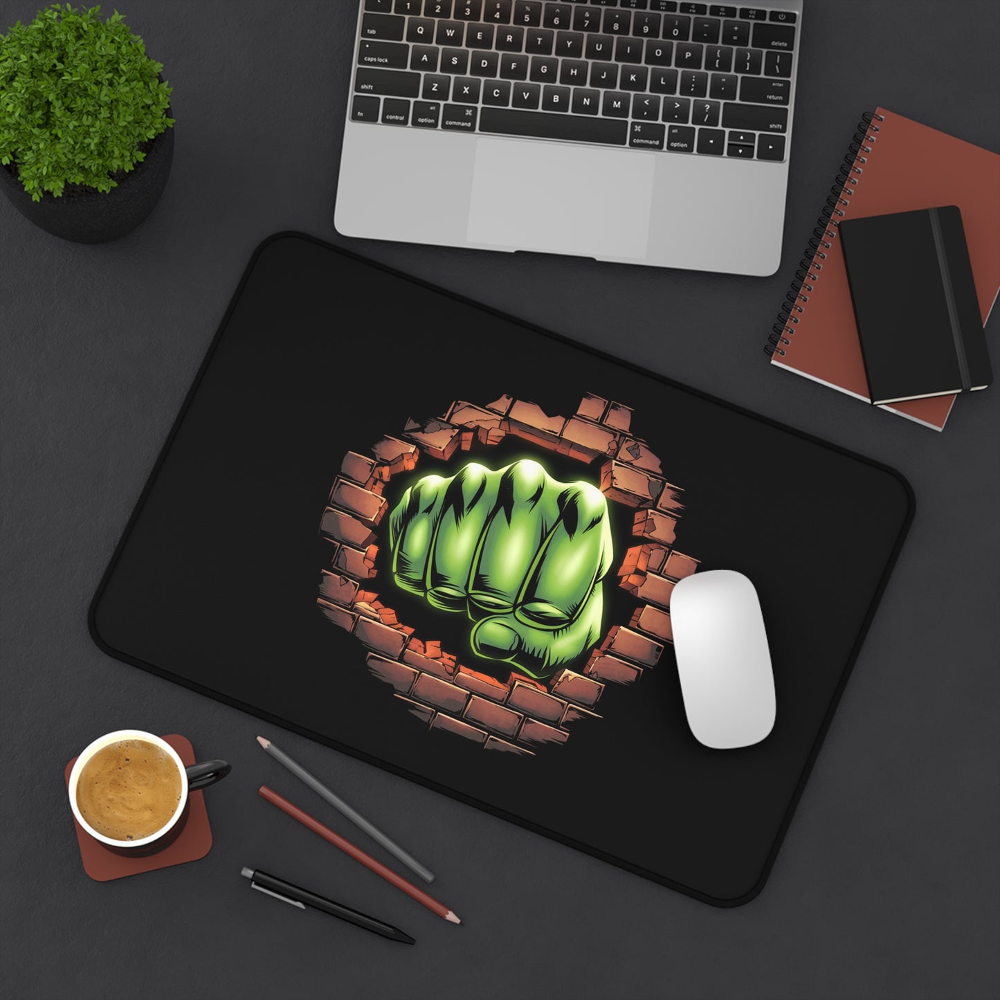 Desk Mat Green Fist Smashing Through Wall Fun Design Comic Book Mouse Pad for Geeks