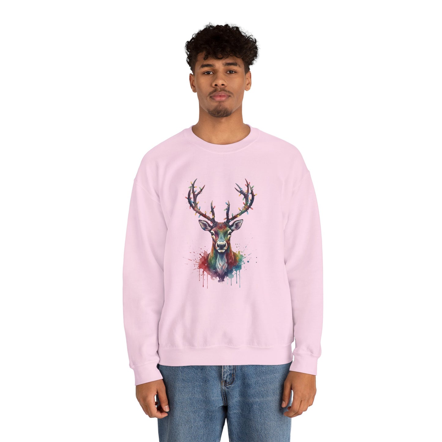 Colorful Reindeer Christmas Sweatshirt, Holiday Deer Lights Sweater, Watercolor Winter Crewneck, Festive Cozy Gift For Him Or Her