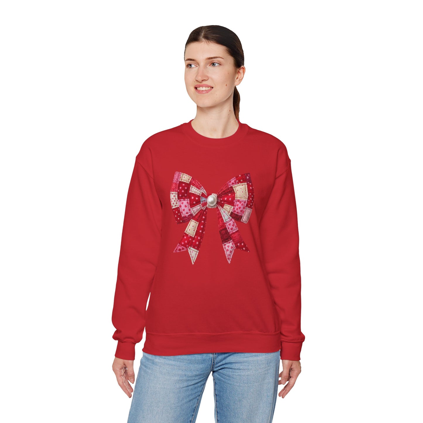 Faux Patchwork Bow Sweatshirt, Quilted Look Bow Crewneck, Pearl Center Bow Pullover, Cozy Coquette Sweatshirt, Girly Gift