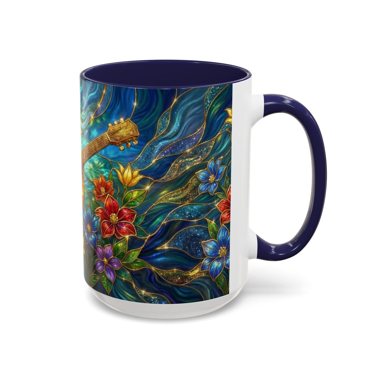Guitar Coffee Mug, Stained Glass Guitar Art Mug, Music Lover Gift, Floral Acoustic Guitar Mug, Ceramic Coffee Cup, Unique Musician Gift, 11oz