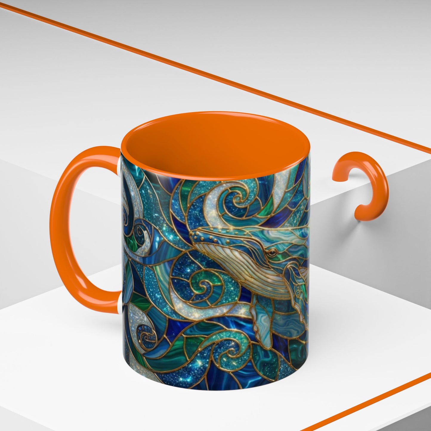 Stained Glass Whale Mug, Ocean Art Coffee Cup, Blue Sea Life Design, Nautical Gift For Ocean Lovers, Colorful Stained Glass Whale Cup