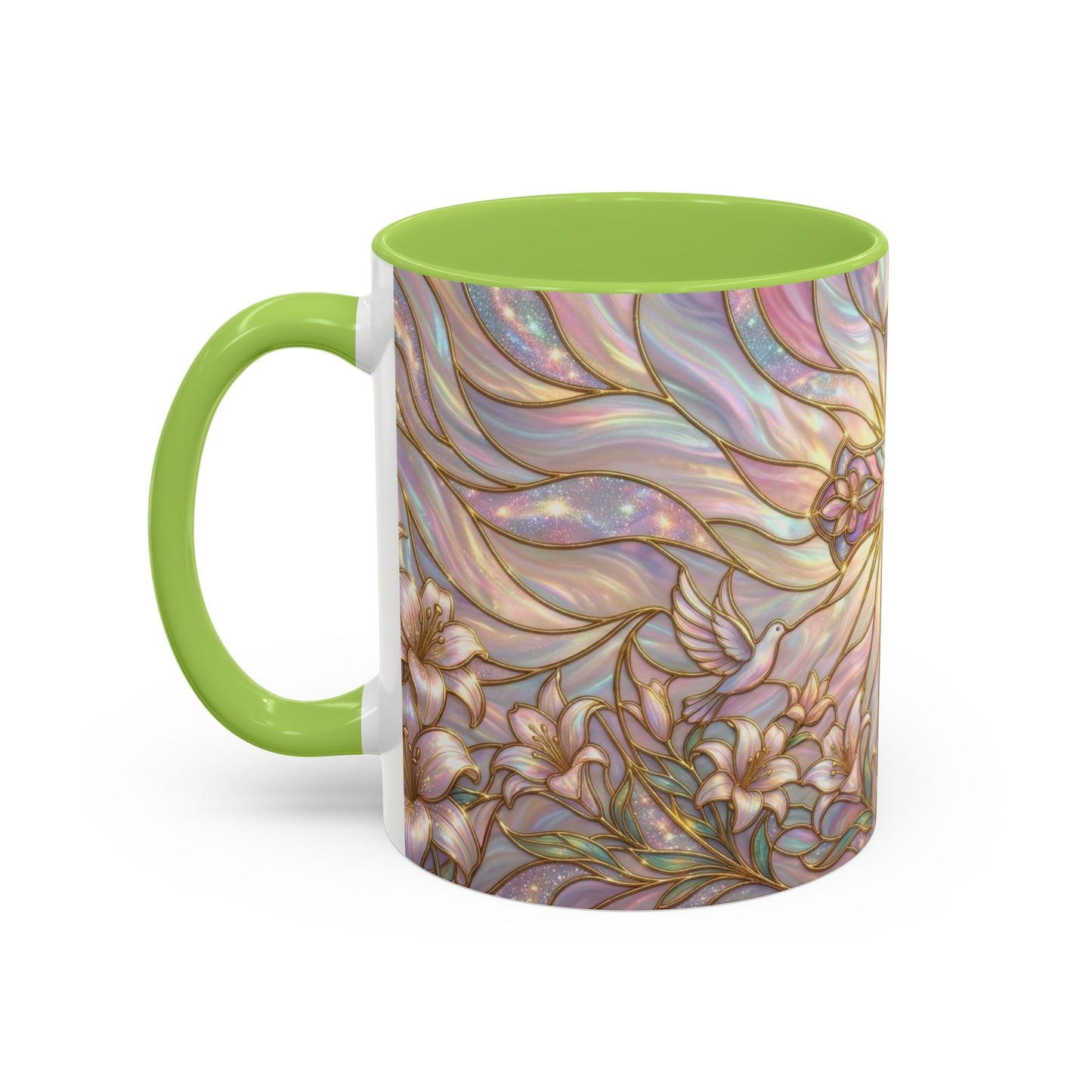 Stained Glass Cross Mug, Easter Lily Coffee Cup, Christian Gift for Women, Pastel Religious Drinkware, Dove and Faith Cup, Spiritual