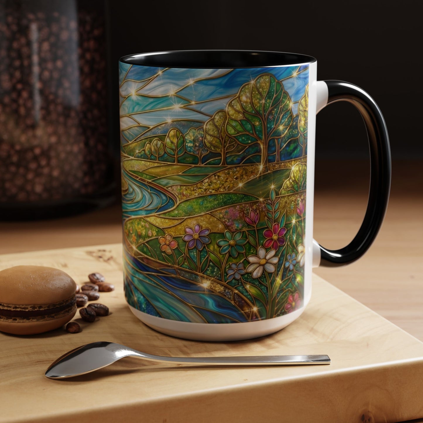 Stained Glass Mug, River Landscape Coffee Cup, Nature Lover Gift, Floral Tea Mug, Gardener Present, Art Teacher Gift, Colorful Scenery Cup