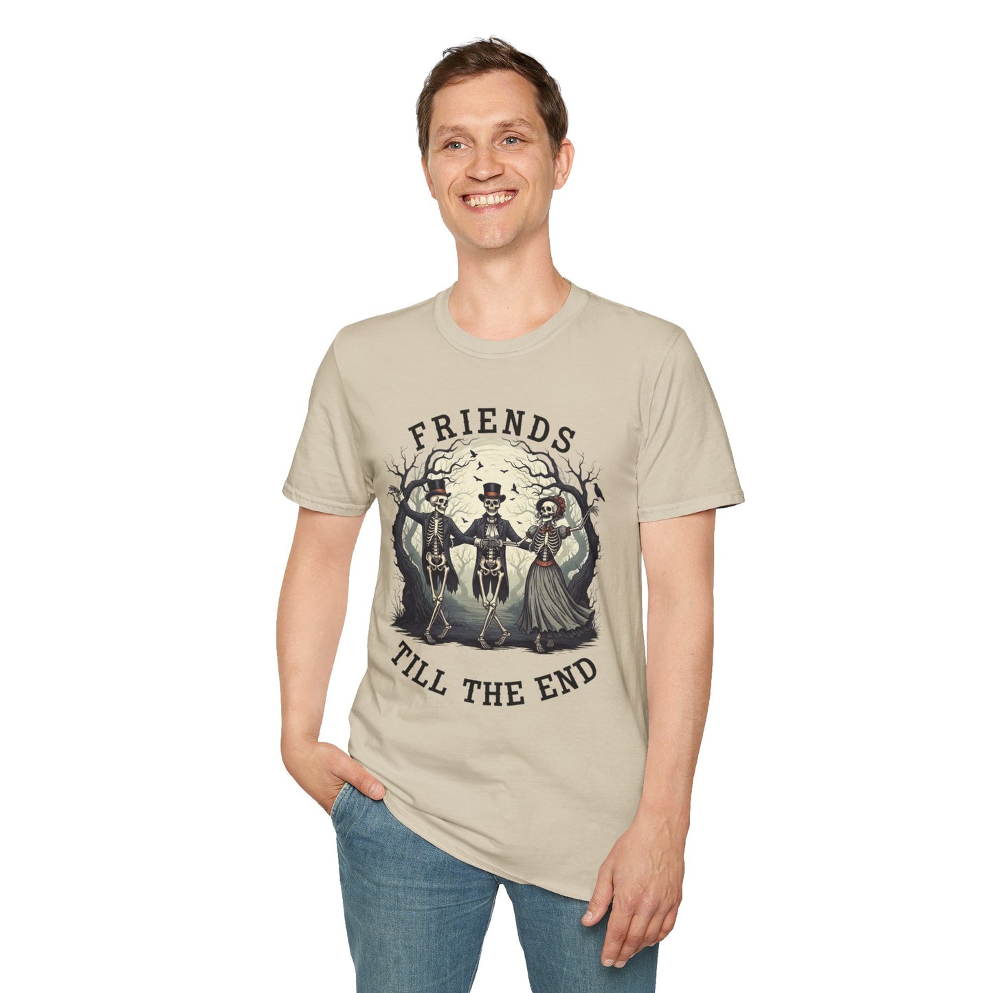 Friends Till The End Skeleton Tee | Dancing Skeleton Friends Shirt | Halloween Gothic BFF Gift | Unisex Heather Grey Graphic T-Shirt