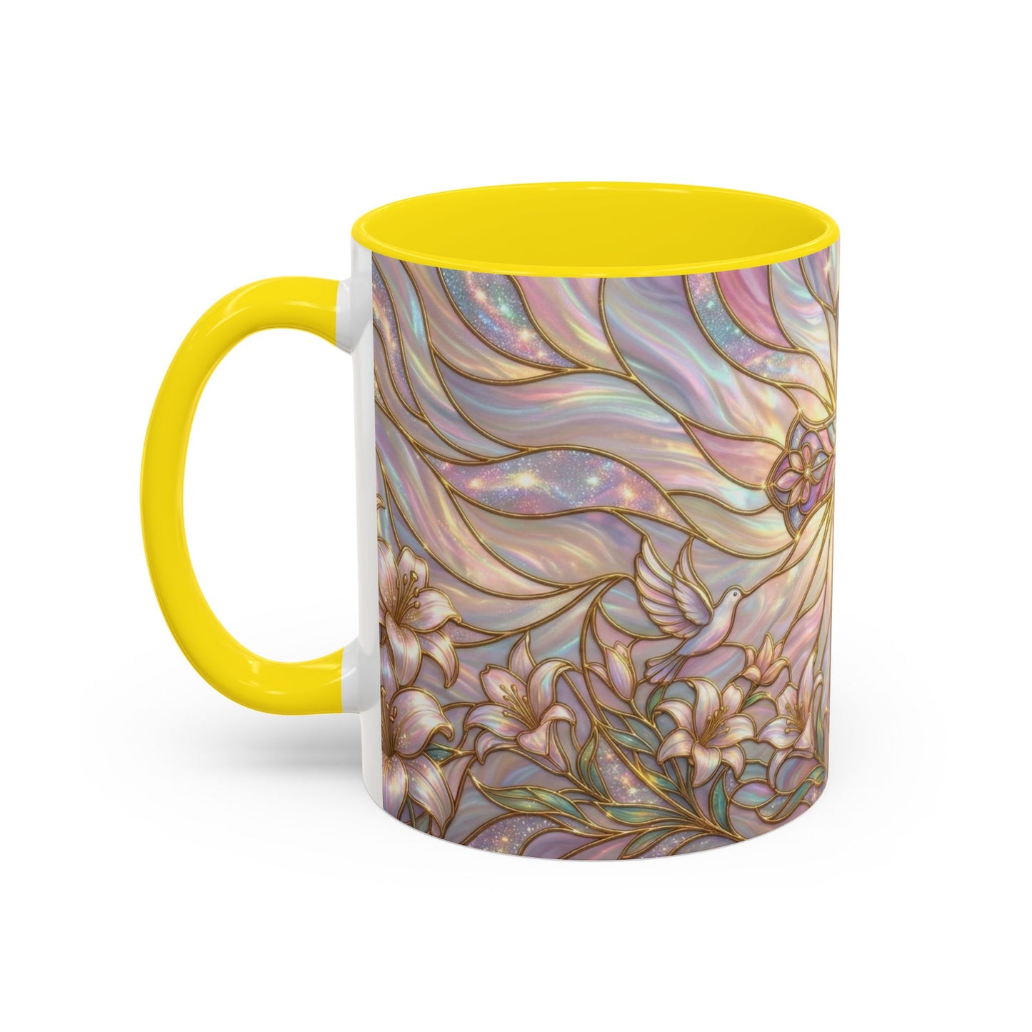 Stained Glass Cross Mug, Easter Lily Coffee Cup, Christian Gift for Women, Pastel Religious Drinkware, Dove and Faith Cup, Spiritual