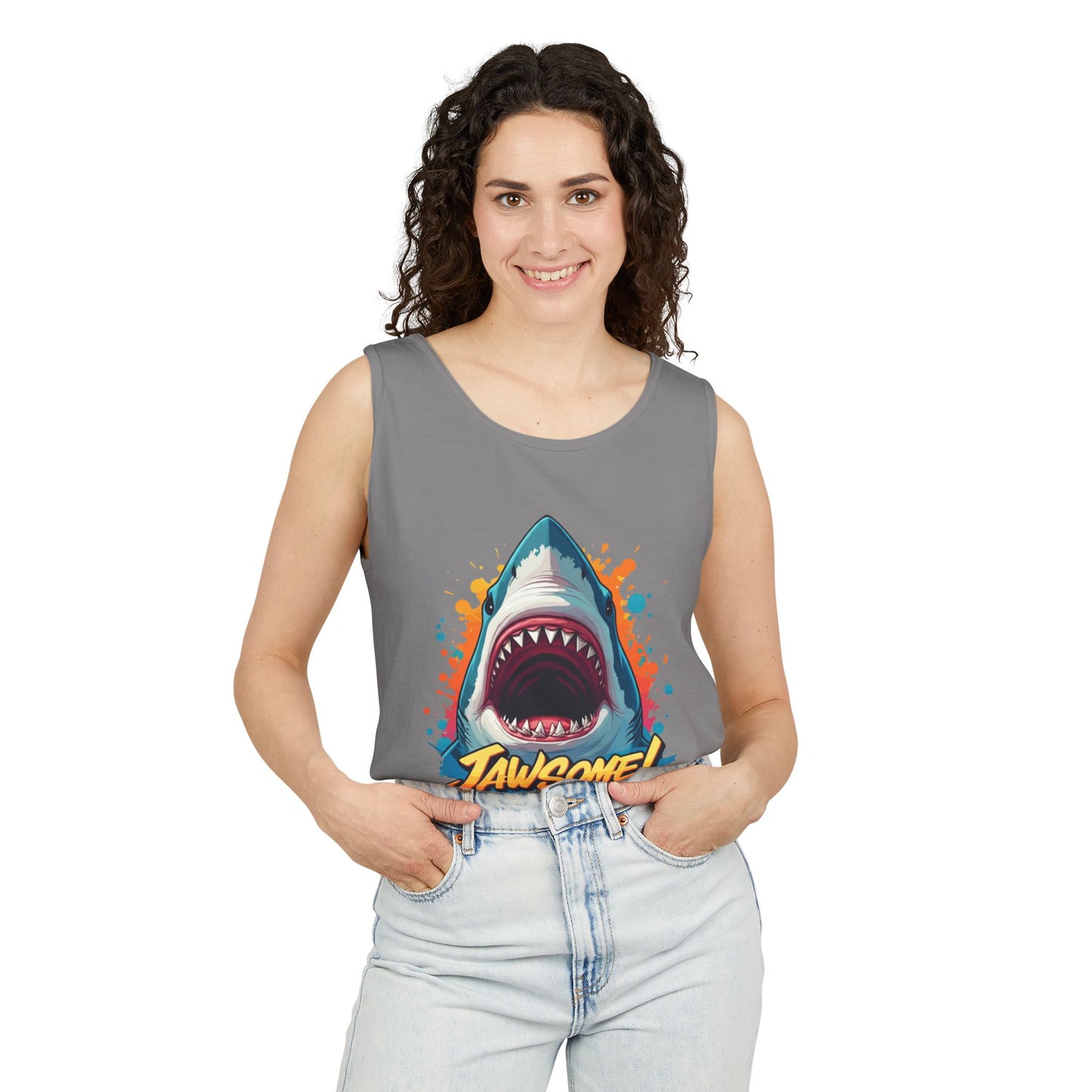 Jawsome Shark Graphic Tank Top | Funny Retro 90s-Style Shark Tee for Men and Women | Bold Ocean Print, Humor Gift, Summer Trending