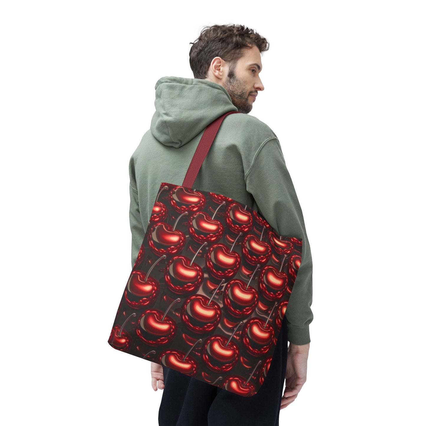 Glossy Cherry Pattern Canvas Tote Bag – Retro Black & Red Cherry Print, Coquette Cottagecore Aesthetic Shopper Tote, Fruit Lover Gift