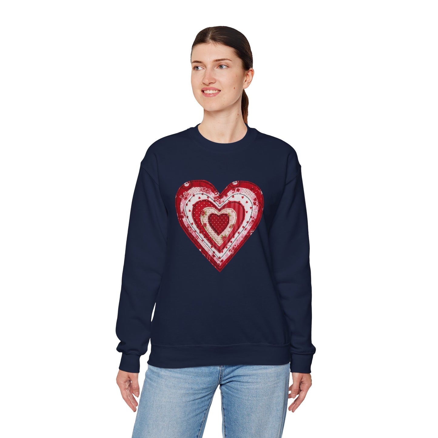 Faux Patchwork Heart Sweatshirt, Valentine Heart Shirt, Cute Valentine Gift, Retro Patchwork Crewneck, Cozy Love Sweater, Boho Heart Top