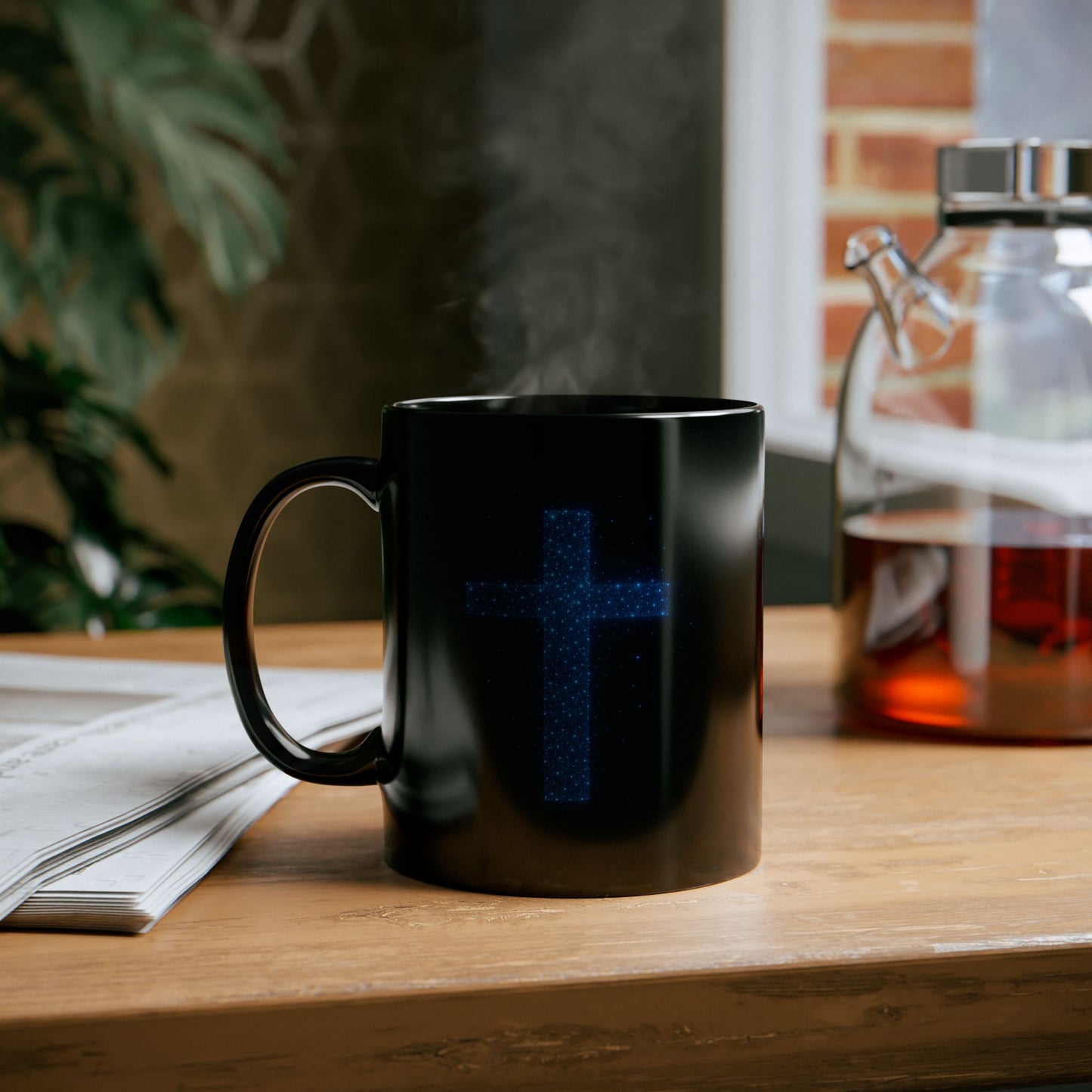Celestial Cross Mug – Blue Starry Christian Coffee Cup – Faith Based Black Ceramic Mug with Cosmic Cross Design | Religious Gift Idea