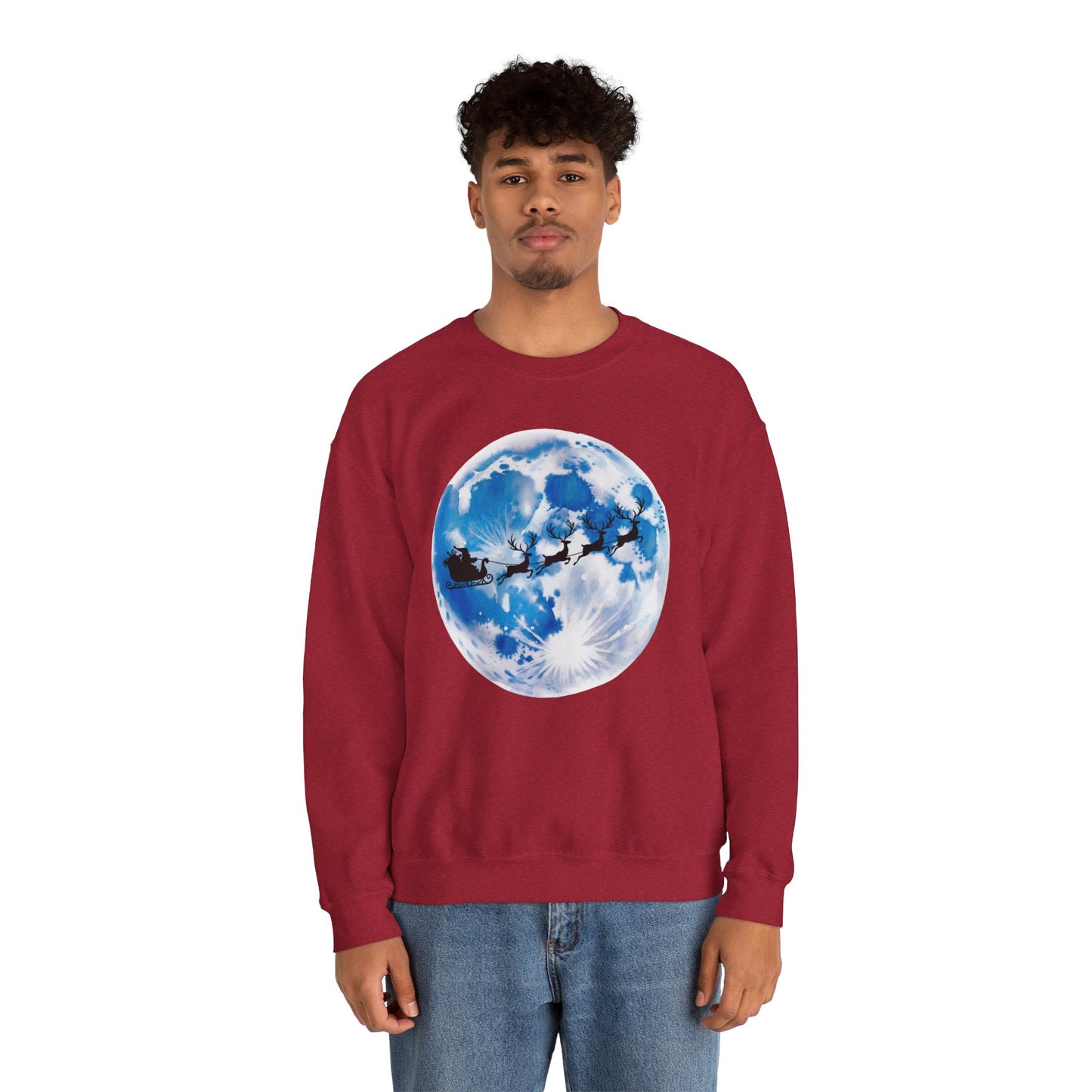 Santa And Reindeer Full Moon Christmas Sweatshirt, Holiday Night Sky Sweater, Cozy Unisex Crewneck, Festive Gift For Christmas Lovers