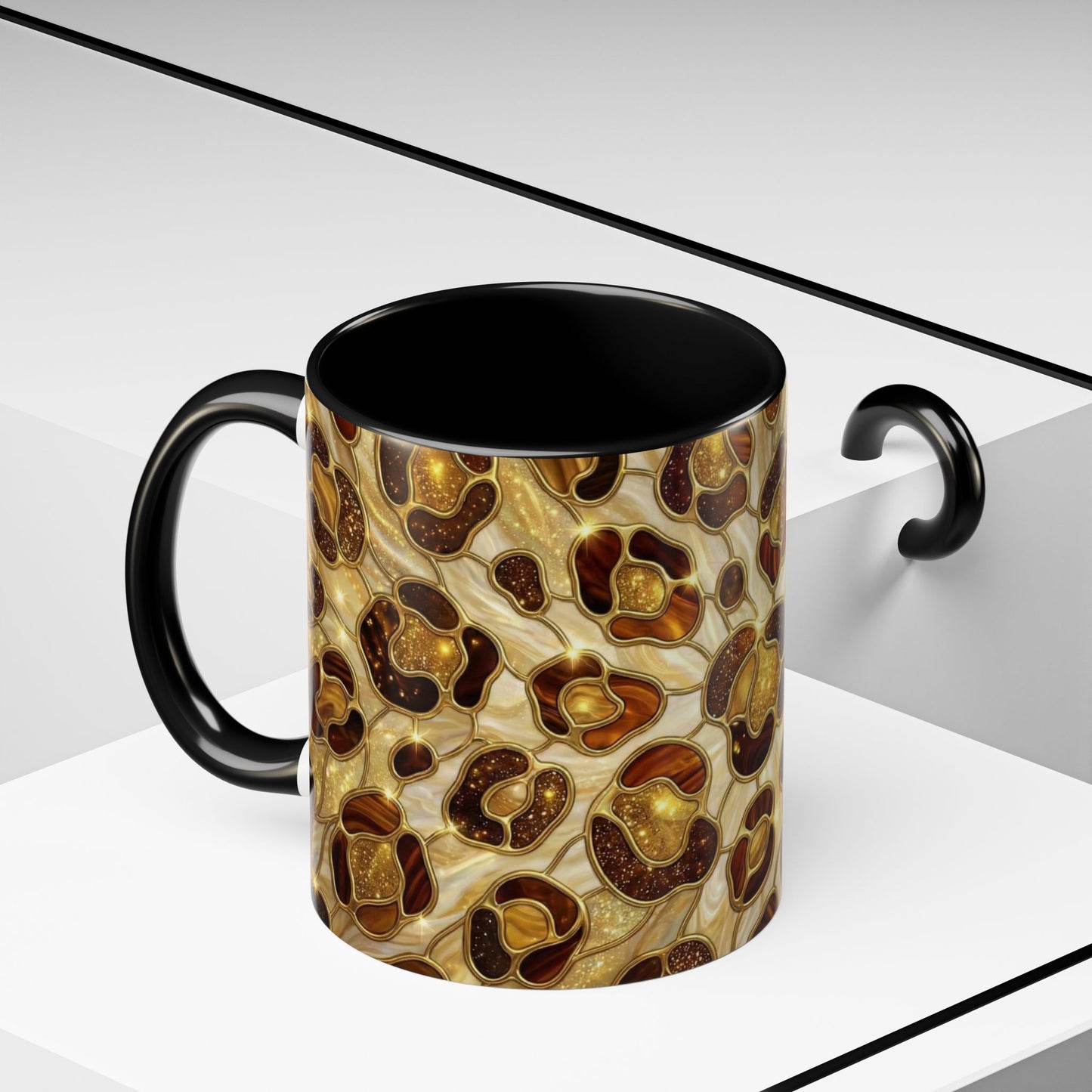 Stained Glass Leopard Print Mug, Gold Cheetah Coffee Cup, Luxury Animal Print Gift, Glam Mosaic Tea Mug, Trendy Desk Decor For Her Gifts