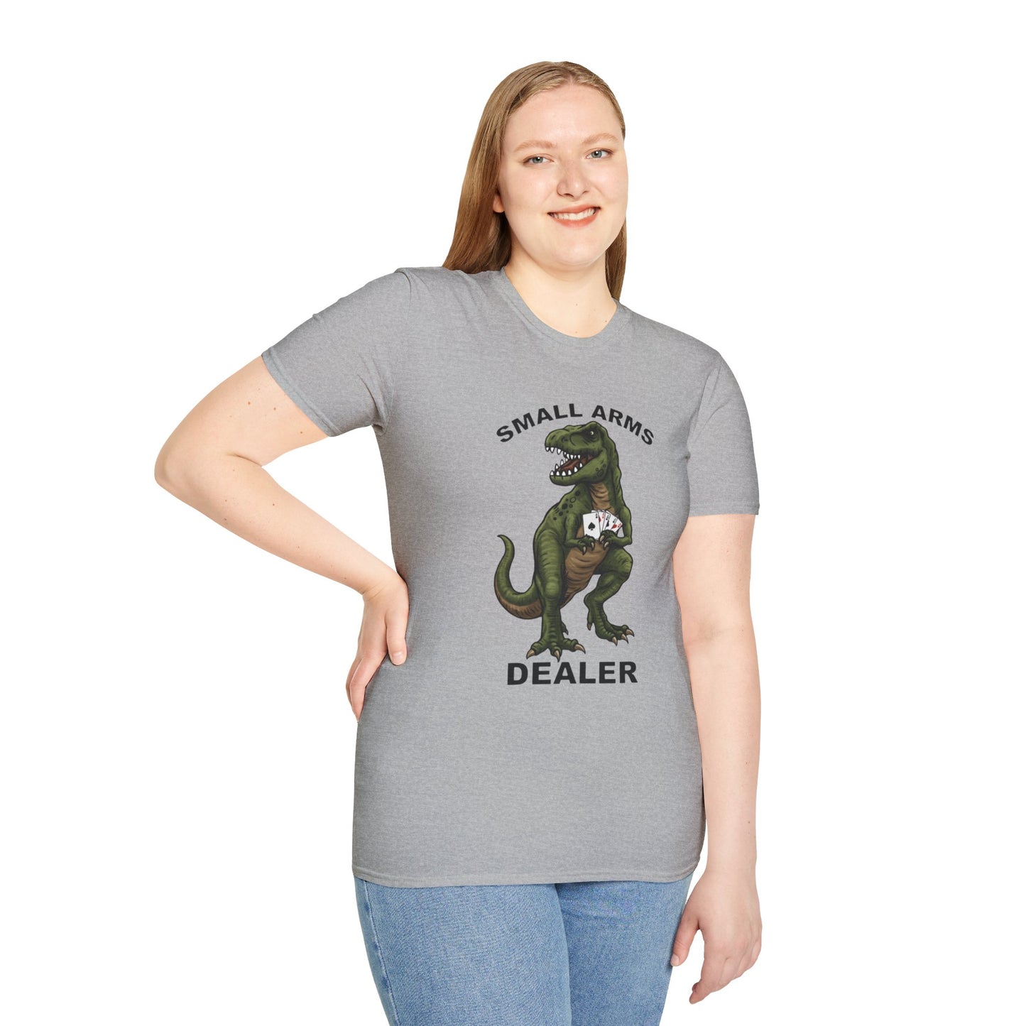 Funny Small Arms Dealer T-Rex Shirt, Dinosaur Pun Tee, Hilarious Graphic T-Shirt for Men & Women, Great Gift for Dad, Friend, or Coworker