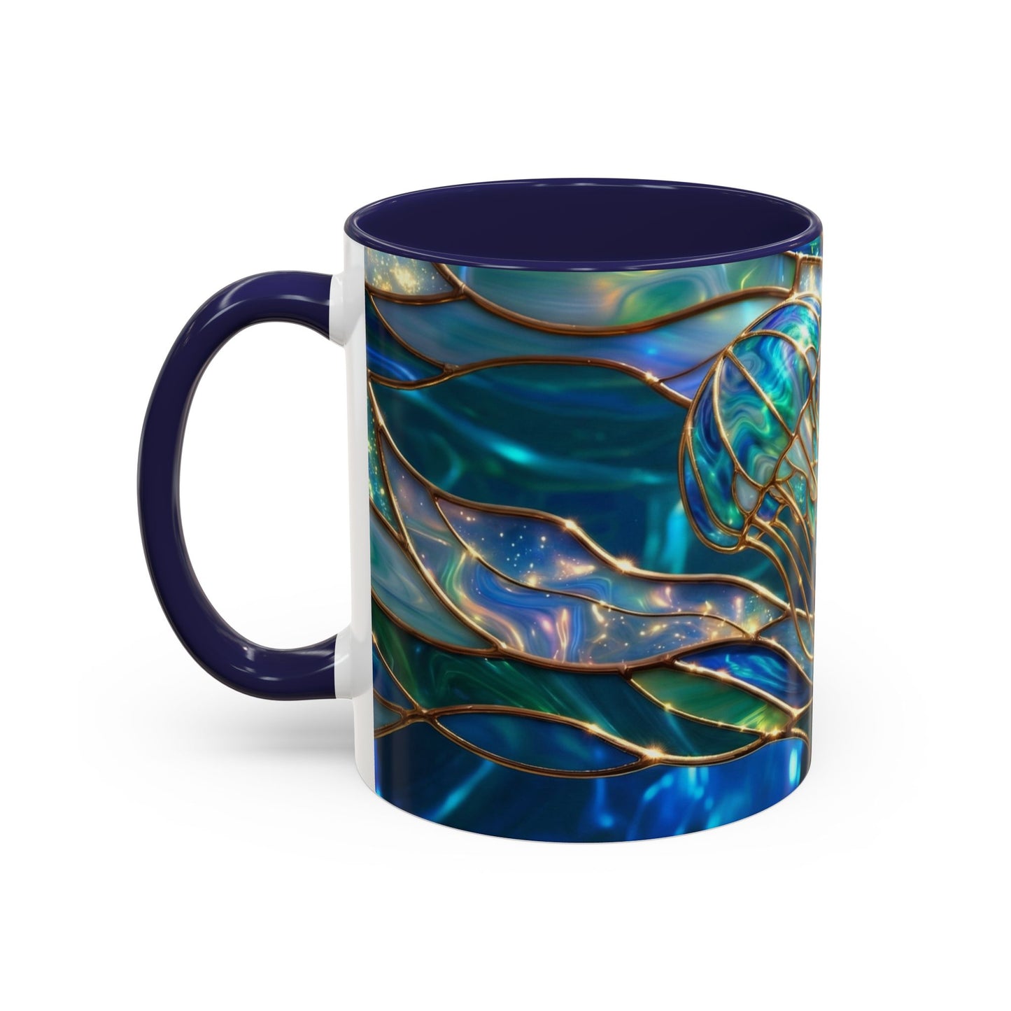 Stained Glass Jellyfish Mug, Ocean Art Coffee Cup, Nautical Sea Life Mug, Blue Teal Gold Glass Style Mug, Gift For Ocean Lovers Decor