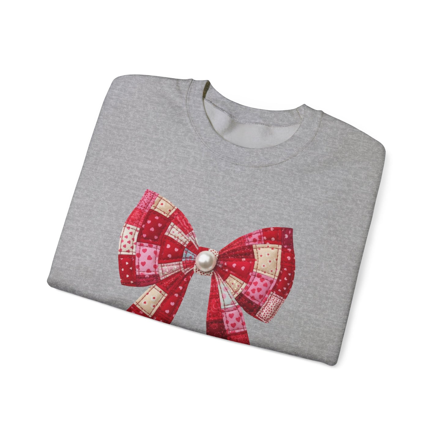 Faux Patchwork Bow Sweatshirt, Quilted Look Bow Crewneck, Pearl Center Bow Pullover, Cozy Coquette Sweatshirt, Girly Gift