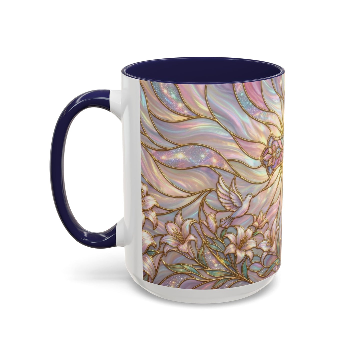 Stained Glass Cross Mug, Easter Lily Coffee Cup, Christian Gift for Women, Pastel Religious Drinkware, Dove and Faith Cup, Spiritual