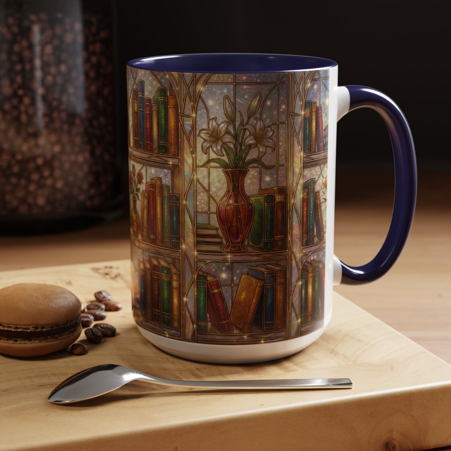 Stained Glass Books Mug, Book Lover Coffee Mug, Cozy Library Mug, Bookish Gift For Readers, Dark Academia Mug, Floral Bookshelf Cup
