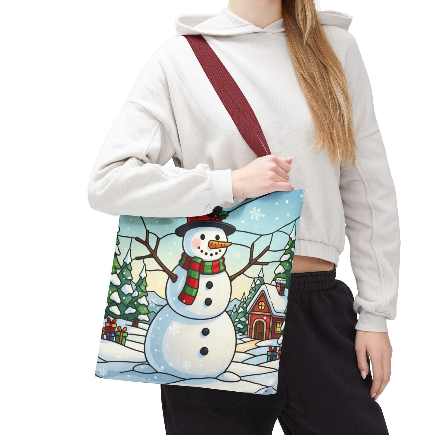 Stained Glass Snowman Christmas Tote Bag, Holiday Art Tote, Festive Winter Gift Bag, Colorful Christmas Scene Reusable Shopping Bag