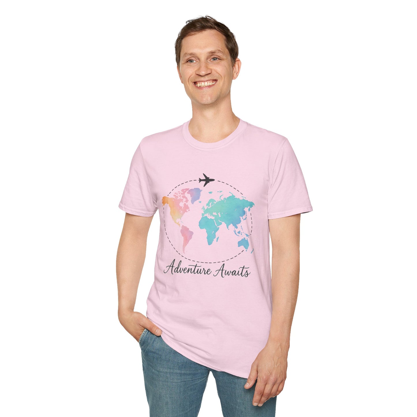 Adventure Awaits Travel Shirt | Watercolor World Map Tee for Women and Men | Wanderlust Gift for Travelers, Hikers, Campers, Beach Lovers