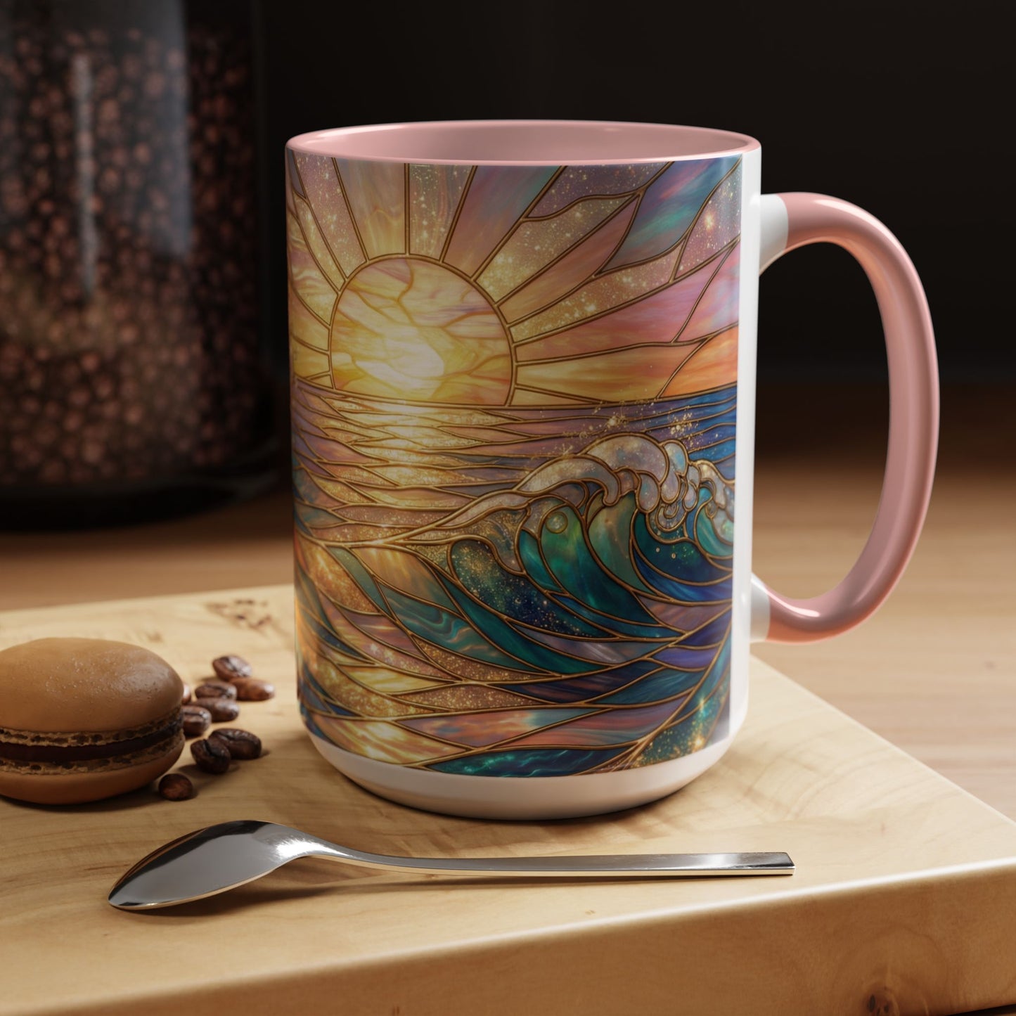 Stained Glass Ocean Wave Mug, Sunrise Beach Coffee Cup, Japanese Art Gift, Coastal Decor Kitchen, Mosaic Sea Tea Cup, Blue Gold Nature Lover