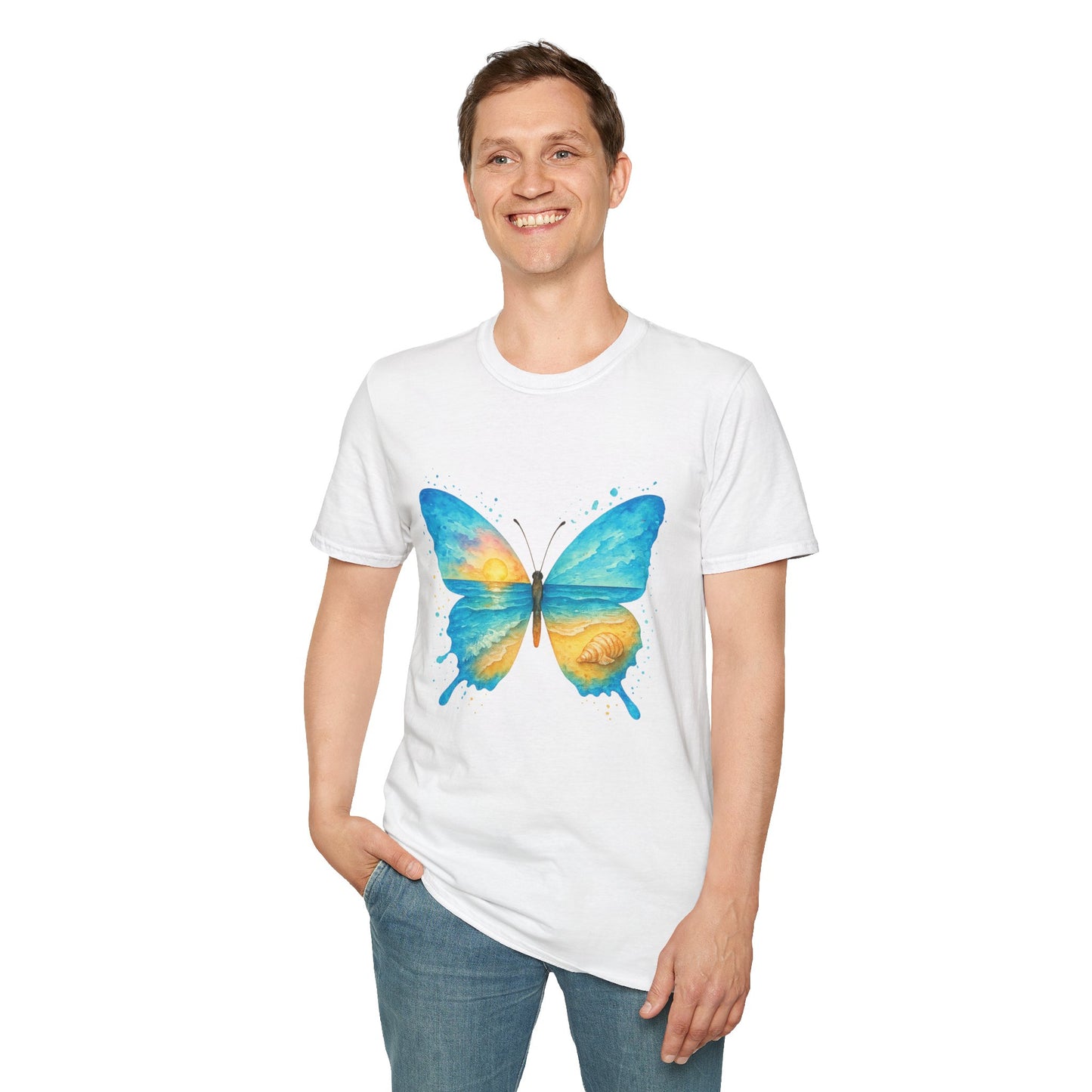Butterfly Sunset Beach Tee - Scenic Butterfly Graphic Shirt, Nature Lover Gift, Boho Ocean Tee, Unisex Casual T-Shirt