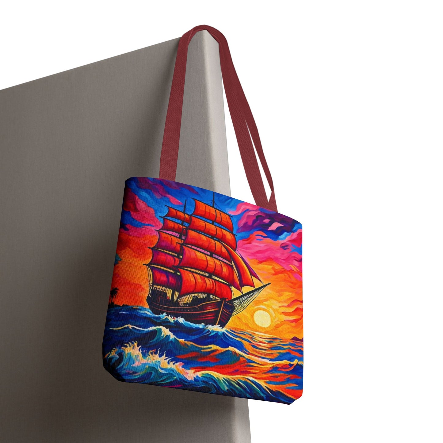 Crimson Voyage Tote Bag, Red Sailboat At Sunset Artistic Ocean Design, Nautical Reusable Tote For Beach, Travel, And Everyday Use