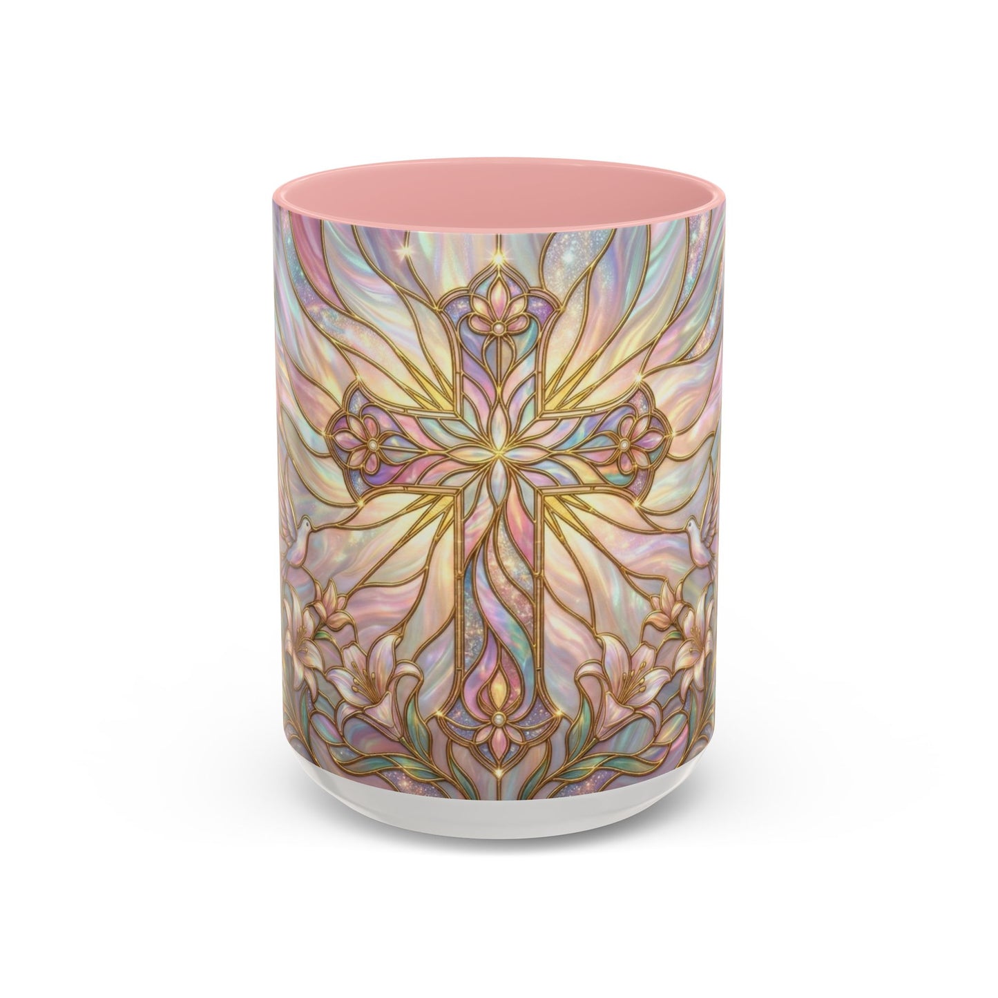 Stained Glass Cross Mug, Easter Lily Coffee Cup, Christian Gift for Women, Pastel Religious Drinkware, Dove and Faith Cup, Spiritual