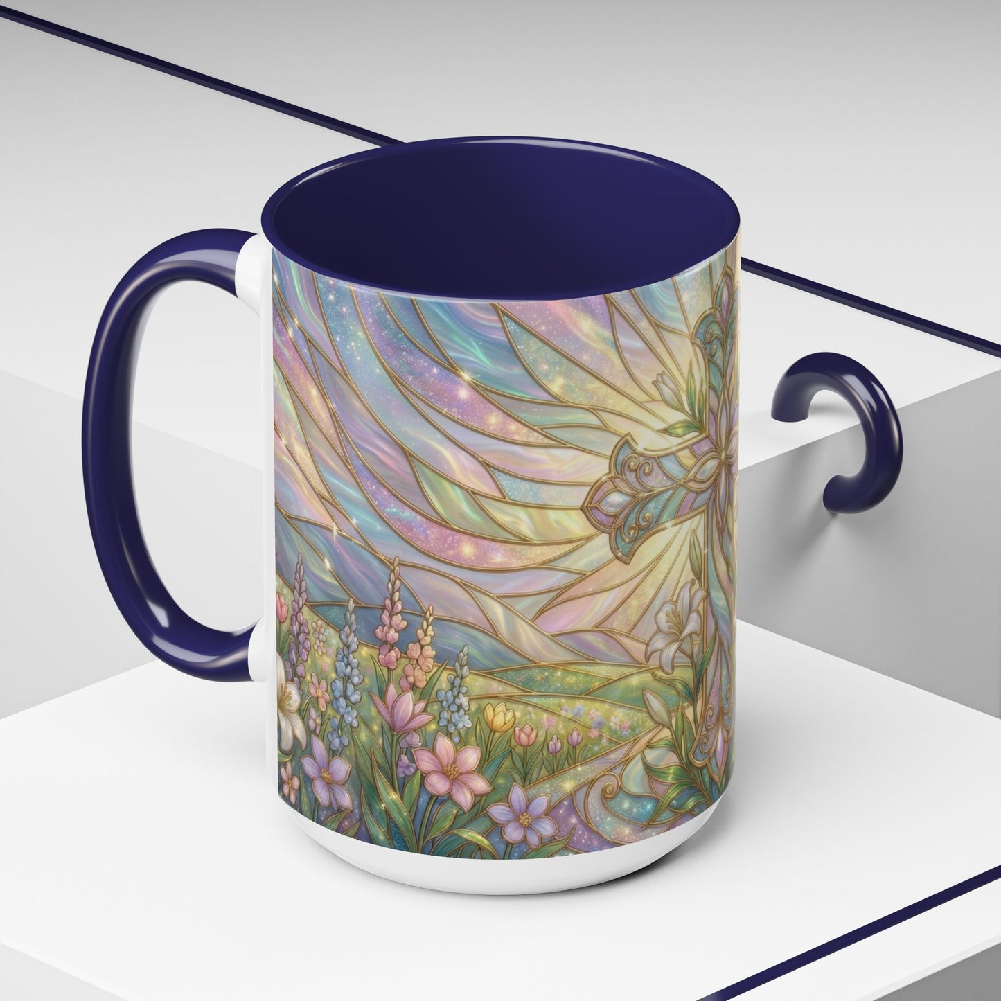 Stained Glass Cross Mug, Easter Lily Coffee Cup, Christian Religious Gift, Pastel Floral Faith Mug, Spring Believer Cup, Baptism Present