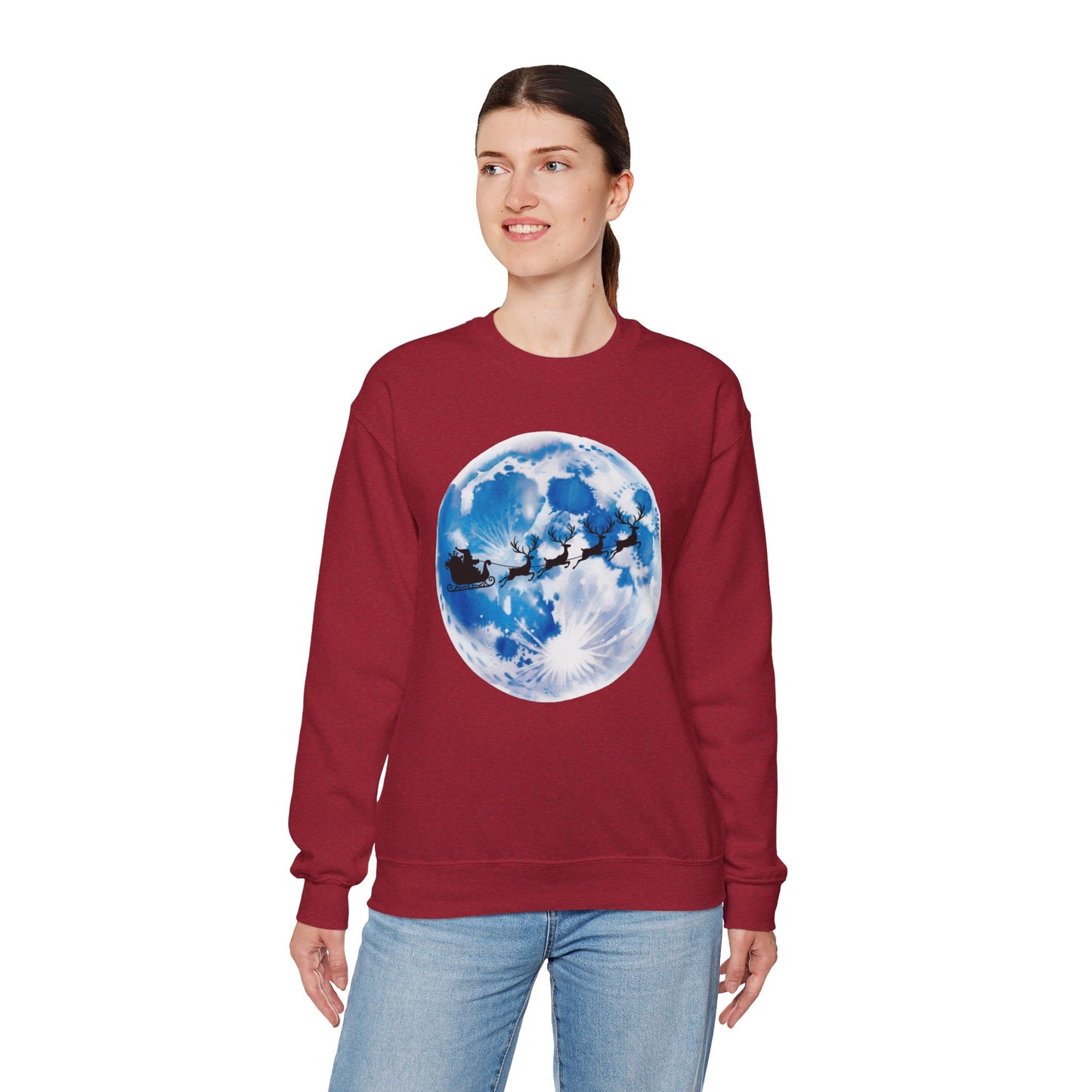 Santa And Reindeer Full Moon Christmas Sweatshirt, Holiday Night Sky Sweater, Cozy Unisex Crewneck, Festive Gift For Christmas Lovers