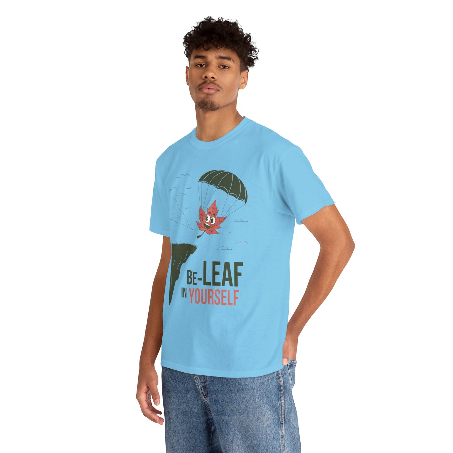 Be-Leaf In Yourself Maple Leaf Parachute T-Shirt | Funny Motivational Nature Graphic Tee | Self-Love Fall Autumn Shirt | Outdoorsy Gift