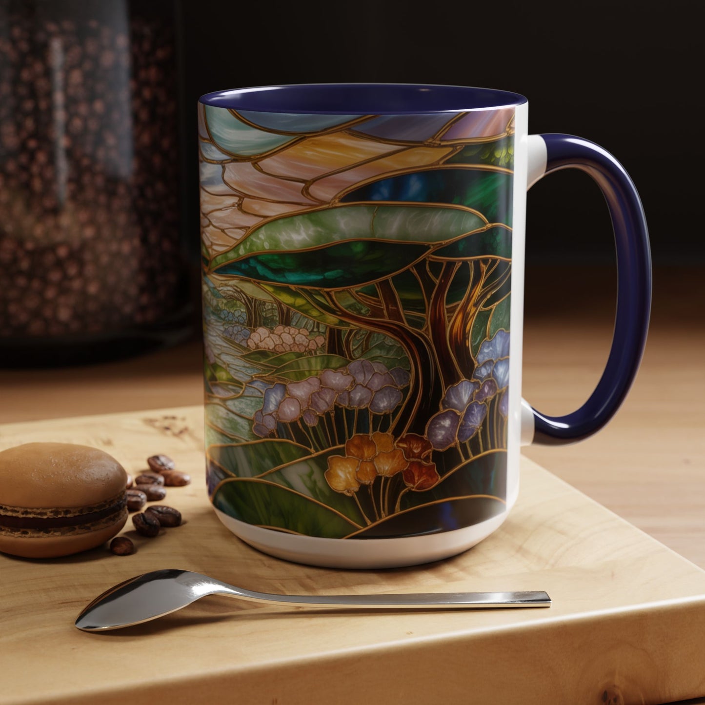 Stained Glass Woodland Forest Mug, Tree & Flowers Coffee Cup, Nature Lover Gift, Artistic Woodland Art Mug, Rustic Home Decor Mug
