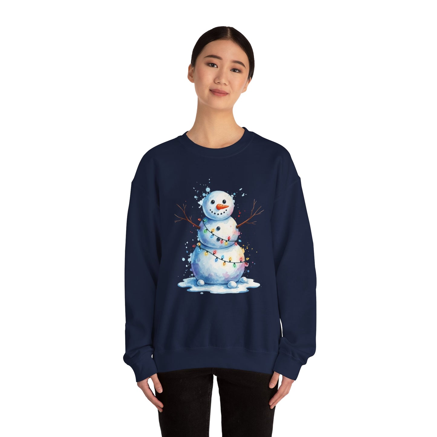 Watercolor Snowman Christmas Sweatshirt, Cute Snowman Crewneck for Winter, Holiday Lights Snowman Sweater, Cozy Unisex Christmas Gift