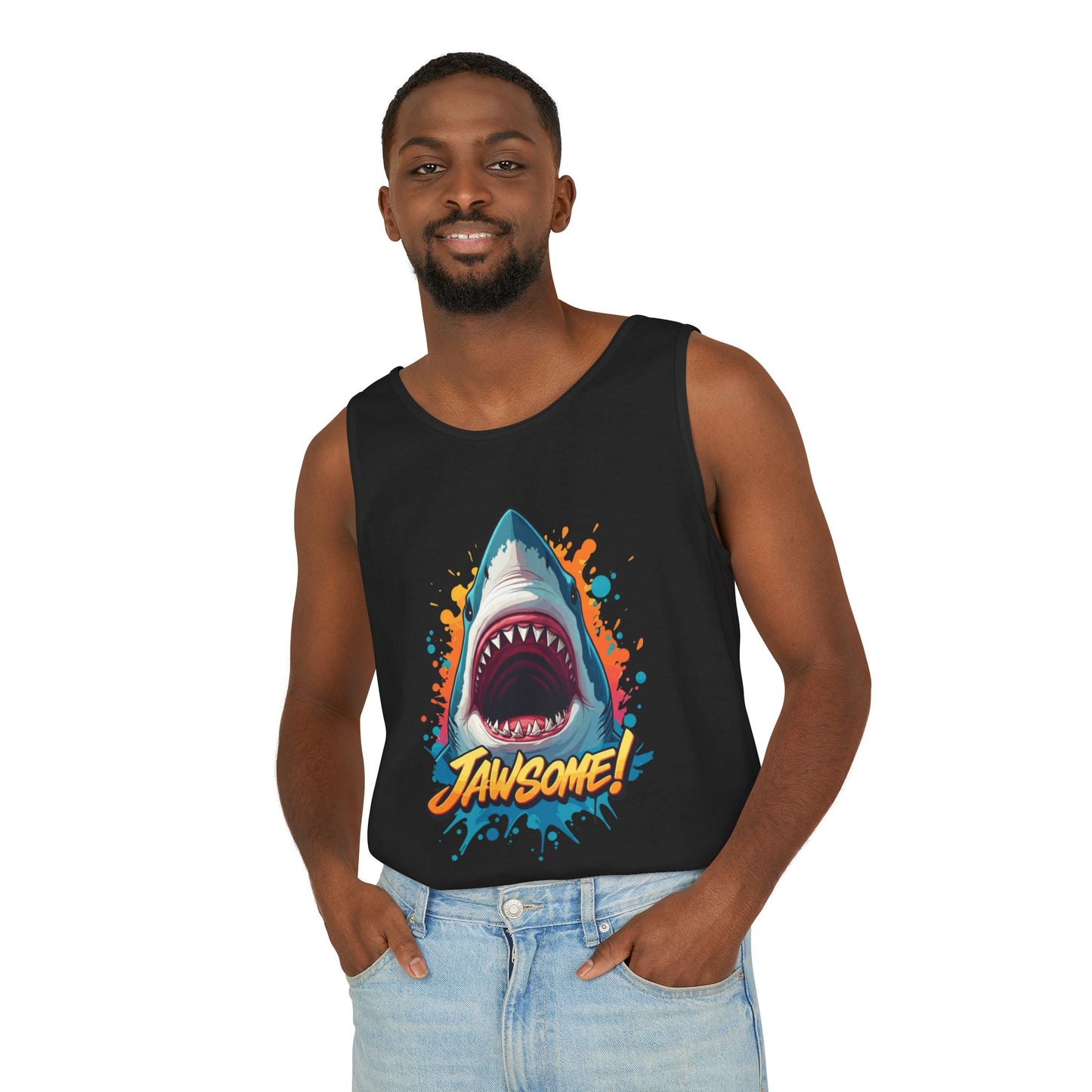 Jawsome Shark Graphic Tank Top | Funny Retro 90s-Style Shark Tee for Men and Women | Bold Ocean Print, Humor Gift, Summer Trending