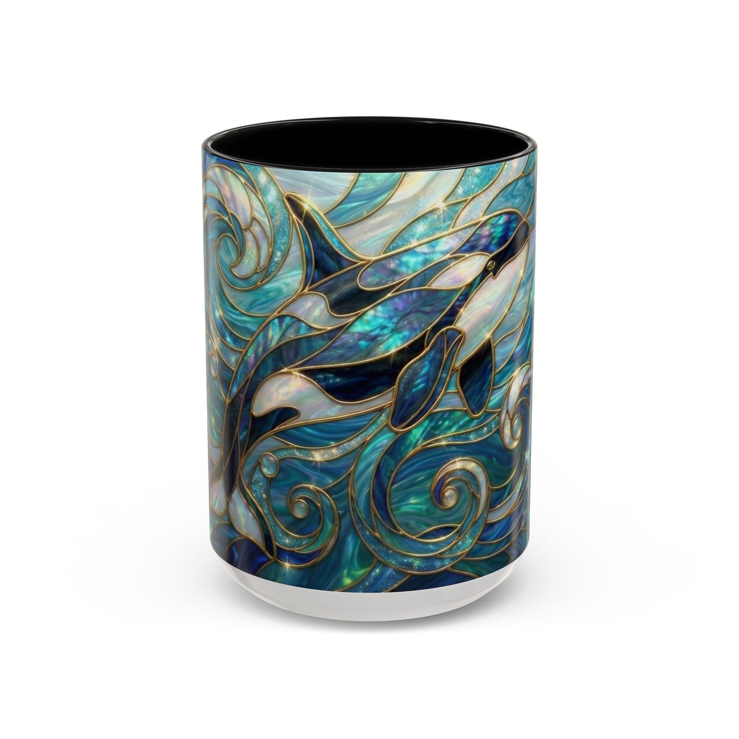 Orca Whale Coffee Mug, Ocean Art Mug, Stained Glass Whale Design, Marine Life Gift, Ceramic Coffee Cup, 11oz 15oz Waves Mug, Coastal Decor