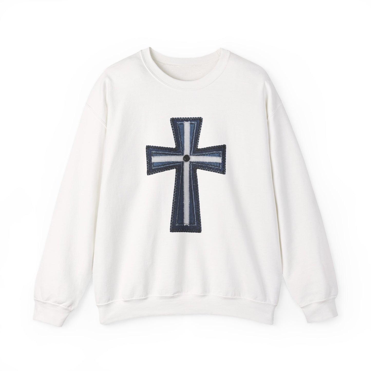 Faux Patchwork Cross Sweatshirt, Christian Patchwork Style Crewneck, Faith Gift for Women Men, Rustic Cross Sweatshirt, Religious Xmas Gift