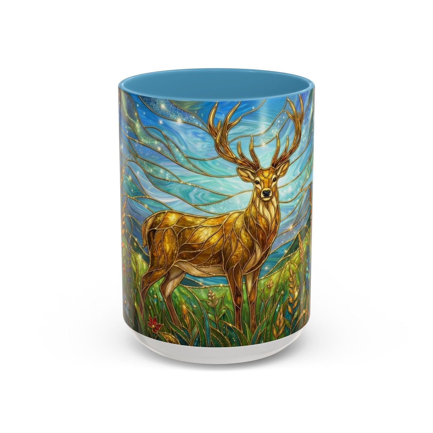 Stained Glass Deer Mug, Woodland Art Coffee Cup, Nature Forest Mug, Blue Green Gold Glass Style Mug, Gift For Nature Lovers Decor