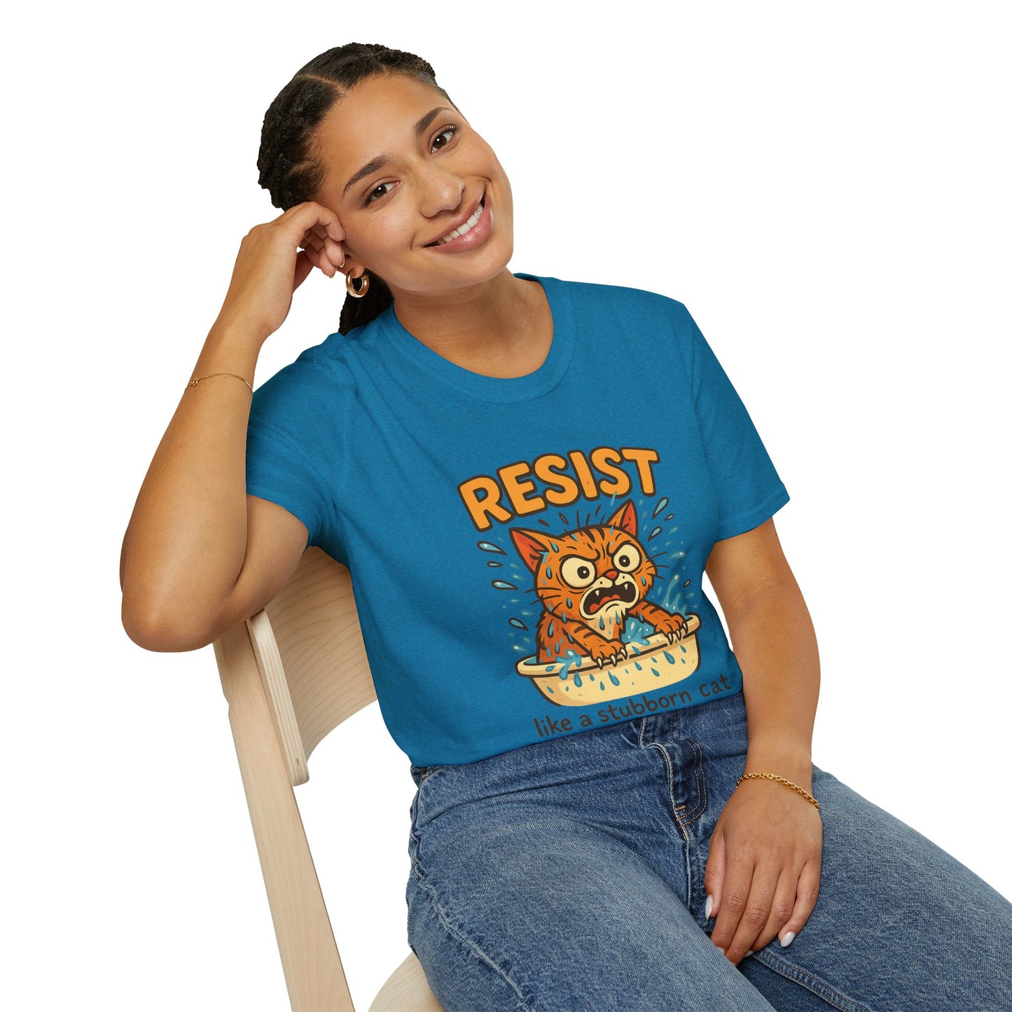 Resist Like A Stubborn Cat At Bathtime Funny Cat Lover Graphic Tee - Quirky Self Care Shirt - Gift For Pet Moms, Dads and Humor Fans