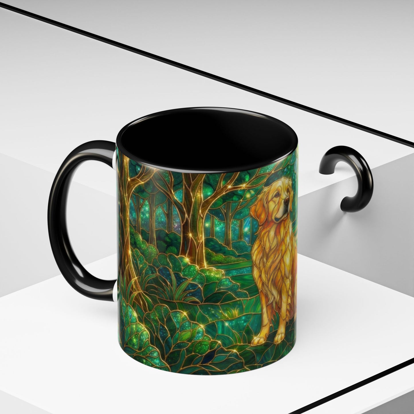 Stained Glass Dog Mug, Golden Retriever Coffee Cup, Pet Lover Ceramic Mug, Forest Art Animal Mug, 11oz 15oz Gift