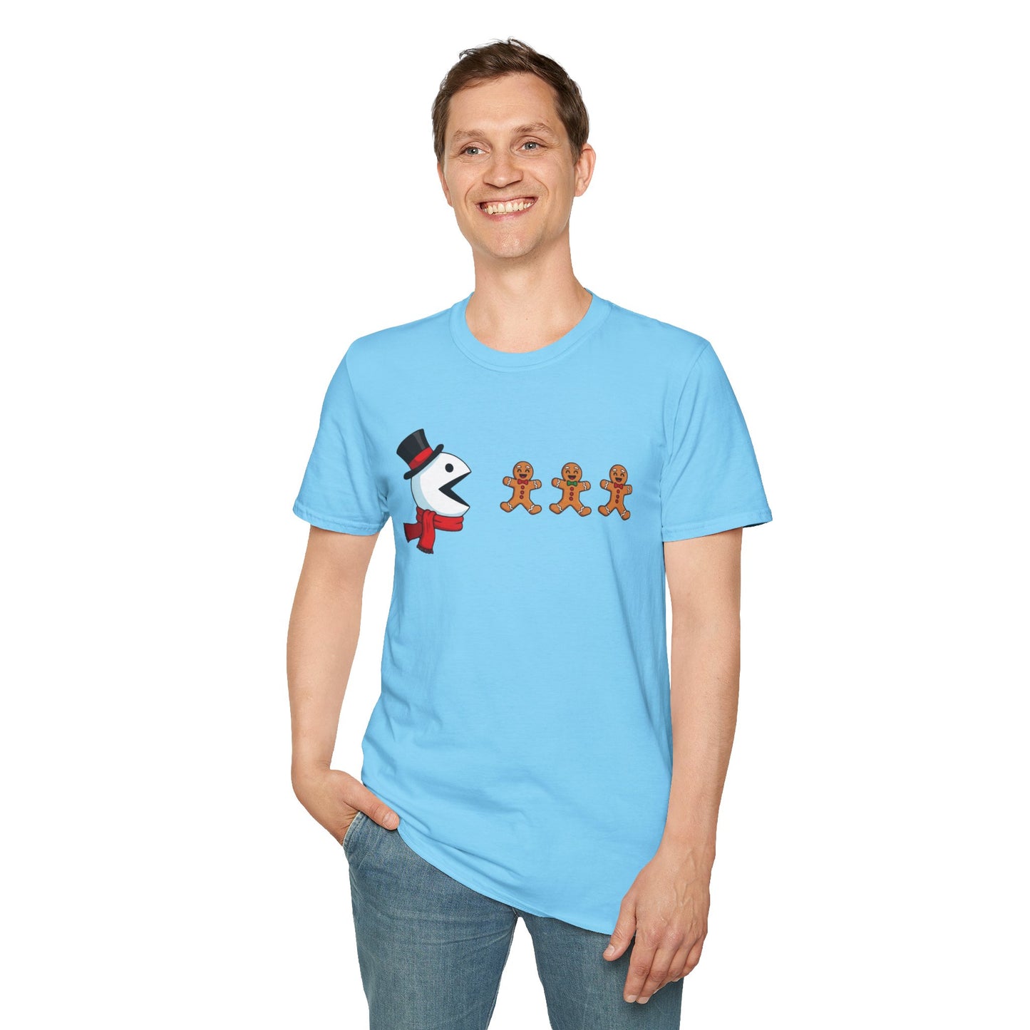 Snowman Pacman Christmas Shirt, Funny Gingerbread Men Tee, Cute Holiday Snowman T-Shirt, Christmas Humor Graphic Tee, Winter Holiday Shirt