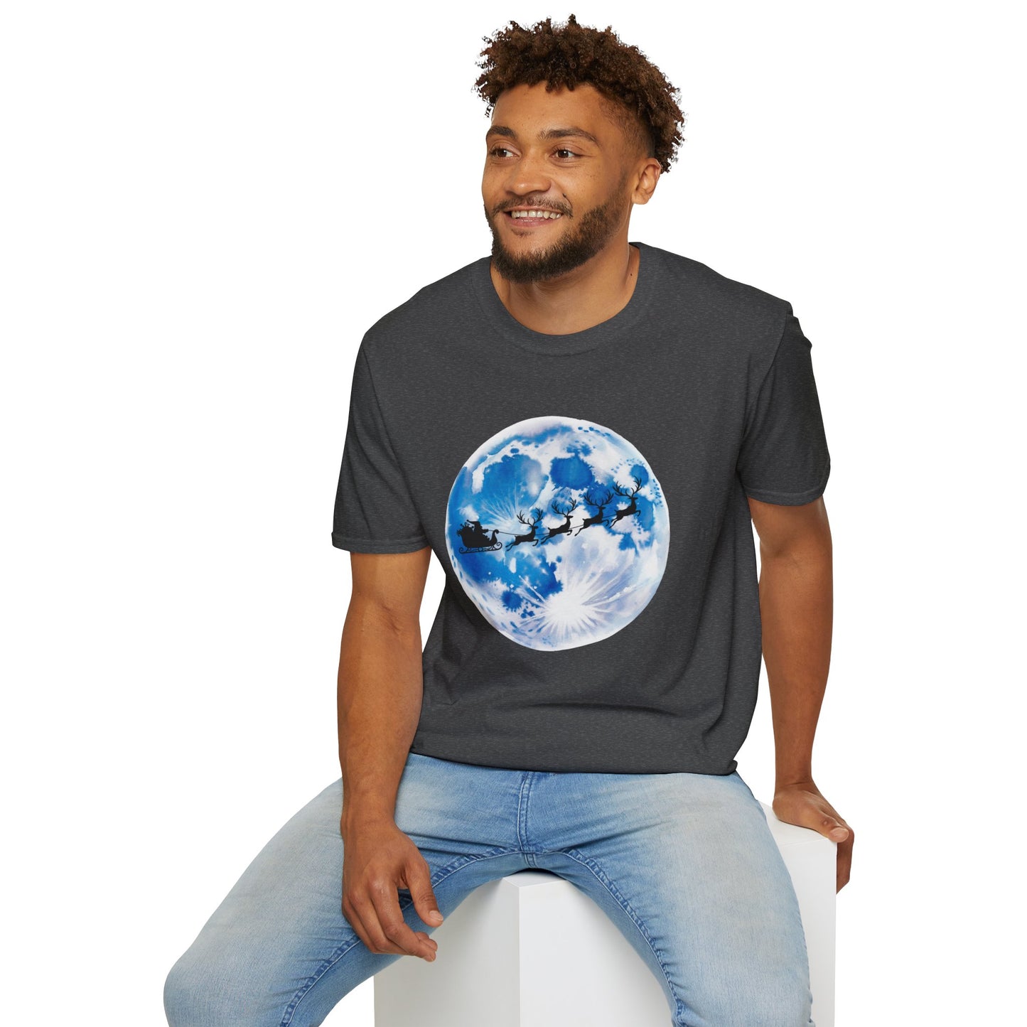 Santa Moon Christmas T-Shirt, Reindeer Sleigh Christmas Tee, Holiday Moonlight Xmas Shirt, Festive Christmas Graphic Tee, Winter Night Christmas Gift Tee