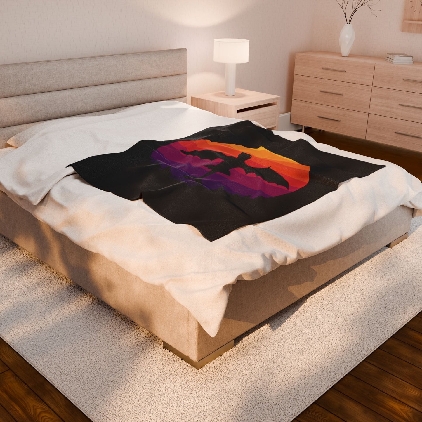 Dragon Sunset Blanket - Retro Dragon Fleece Throw - Fantasy Bedding Gift - Cool Gamer Blanket - Dragon Decor - Cozy Bed Cover for Fans