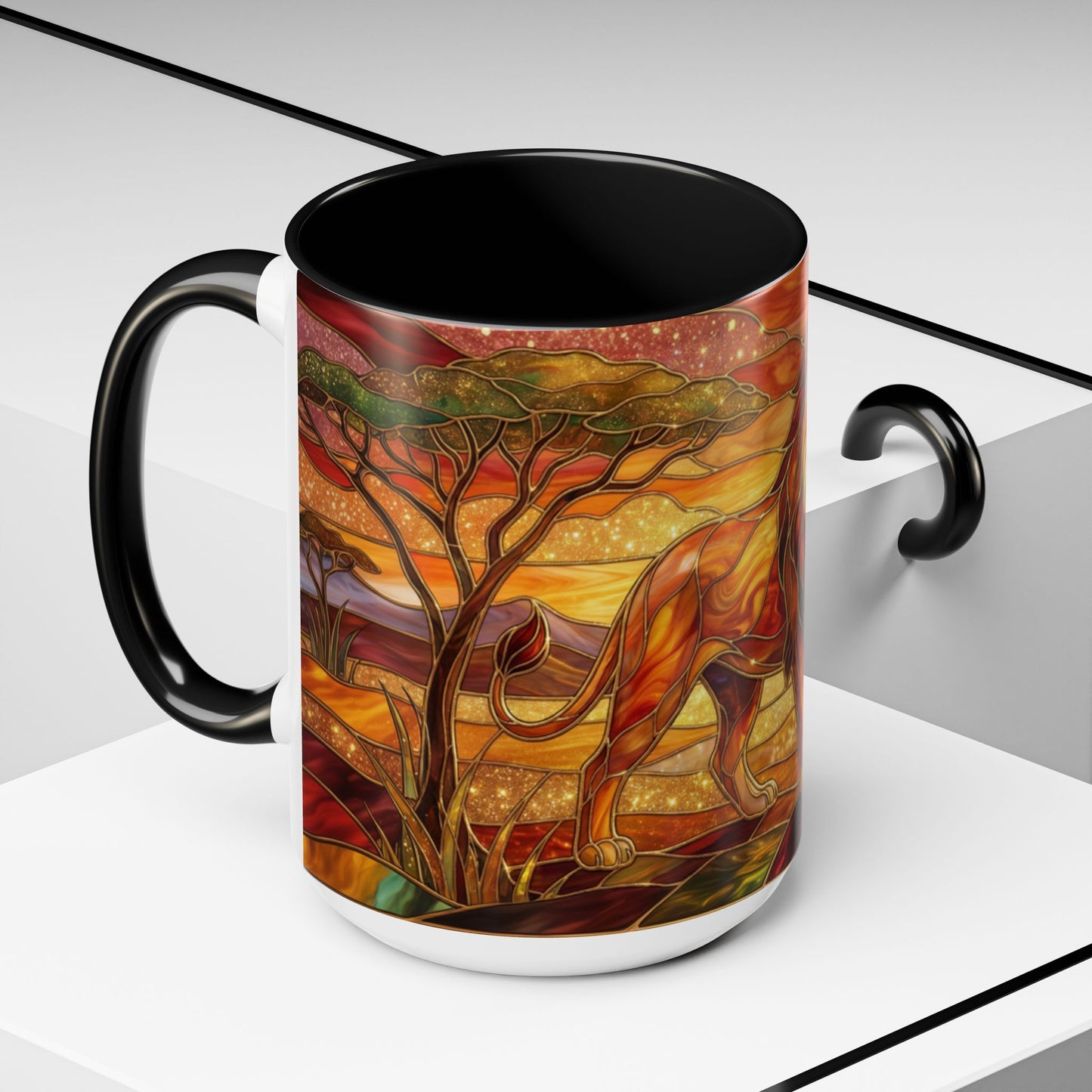 Stained Glass Lion Mug, Majestic Lion Coffee Cup, African Sunset Art Mug, Safari Wildlife Gift, Colorful Lion Lover Ceramic Mug