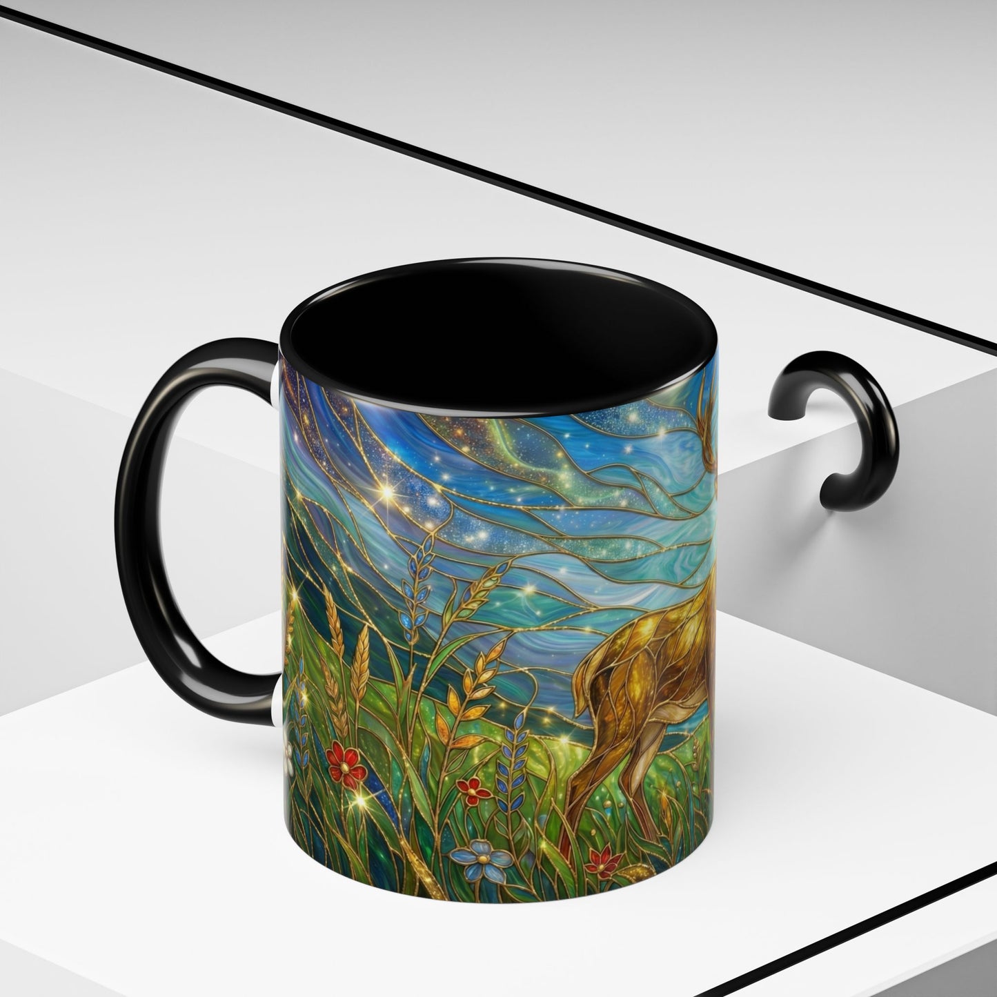 Stained Glass Deer Mug, Woodland Art Coffee Cup, Nature Forest Mug, Blue Green Gold Glass Style Mug, Gift For Nature Lovers Decor