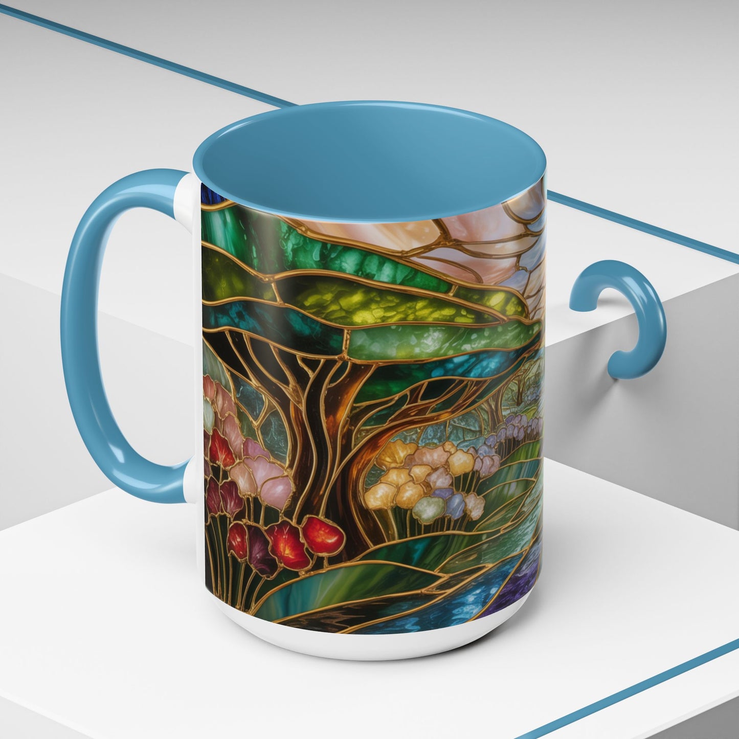 Stained Glass Woodland Forest Mug, Tree & Flowers Coffee Cup, Nature Lover Gift, Artistic Woodland Art Mug, Rustic Home Decor Mug