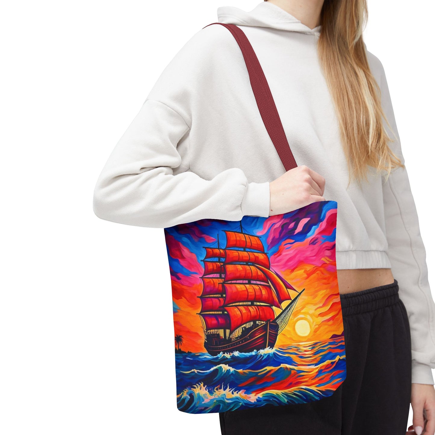 Crimson Voyage Tote Bag, Red Sailboat At Sunset Artistic Ocean Design, Nautical Reusable Tote For Beach, Travel, And Everyday Use