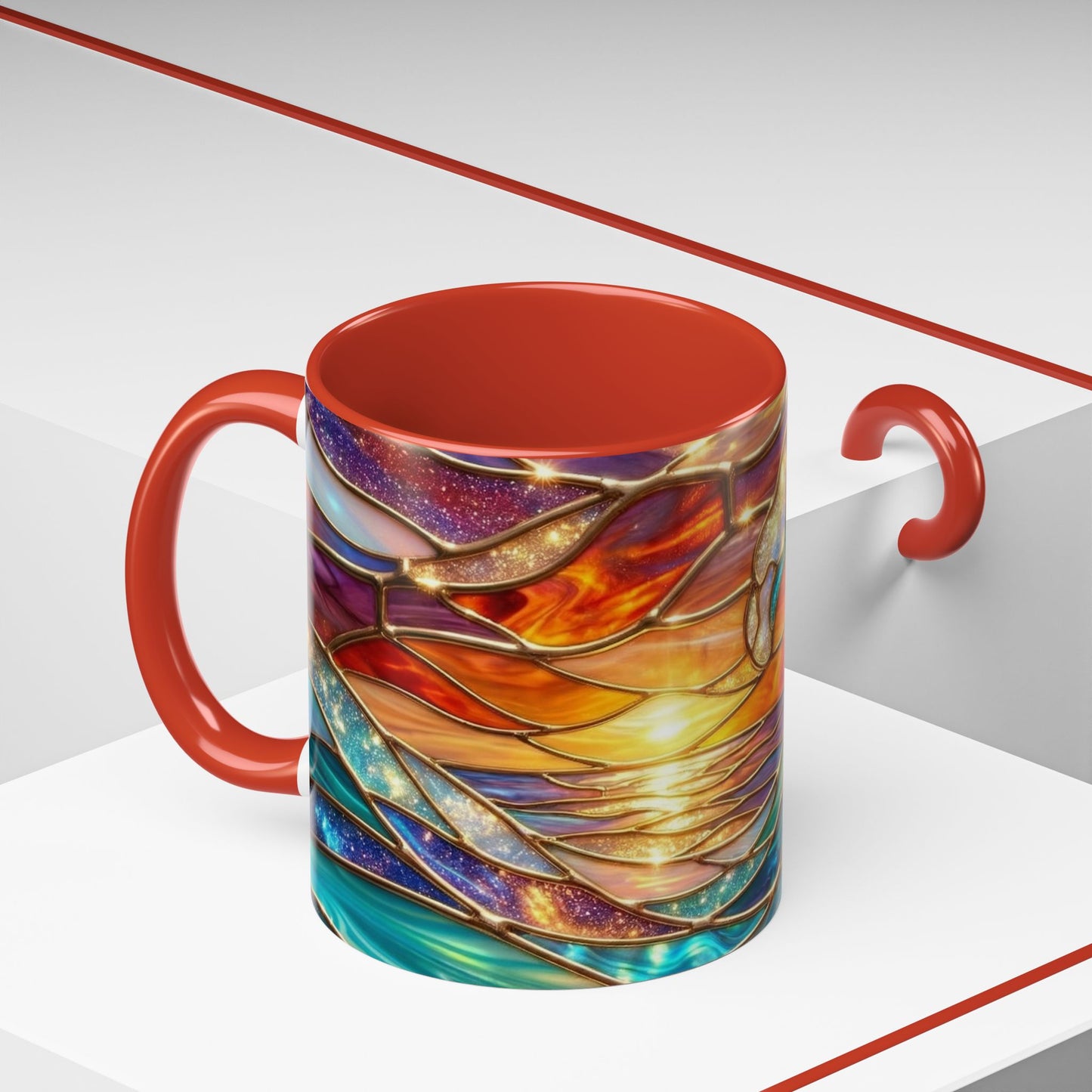 Stained Glass Wave Mug, Cosmic Ocean Coffee Cup, Celestial Sunrise Tea Mug, Surfer Beach Decor Gift, Starry Sea Art, Ocean Lover Cup