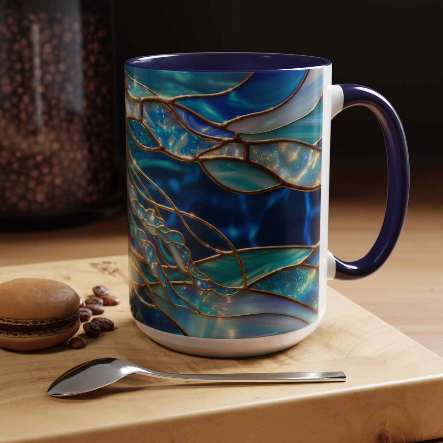 Stained Glass Jellyfish Mug, Ocean Art Coffee Cup, Nautical Sea Life Mug, Blue Teal Gold Glass Style Mug, Gift For Ocean Lovers Decor